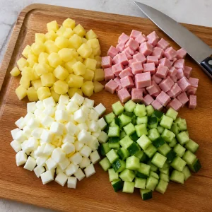 Patate, prosciutto, albumi e cetrioli a dadini su un tagliere