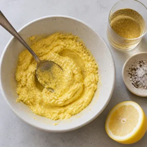 Condimento di tuorli schiacciati con limone, sale, pepe e kvas accanto