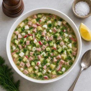 Okroshka pronta con limone, sale, pepe e cucchiaio accanto