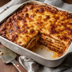 Gebackene Lasagne mit gebräunter Oberfläche und sichtbaren Schichten