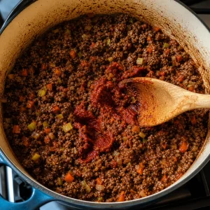 Gebräuntes Hackfleisch mit Tomatenmark im Topf