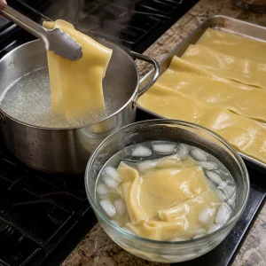 Gekochte Pastablätter werden in Eiswasser gelegt