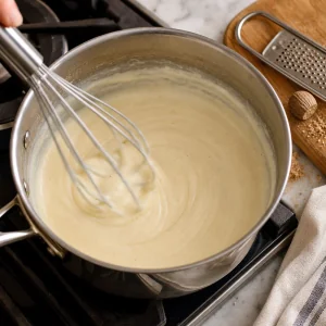 Cremige Béchamel wird in einem Topf gerührt
