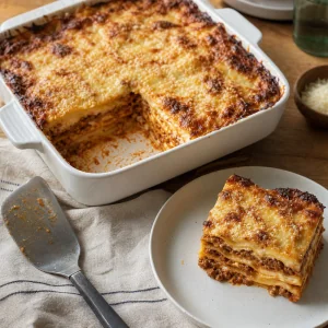 Fertige Lasagne Bolognese mit einem servierten Stück