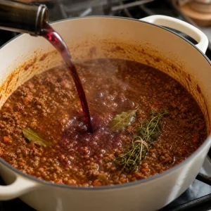 Rotwein wird in köchelnde Bolognese gegossen