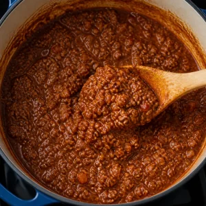 Dicke Bolognese auf einem Holzlöffel