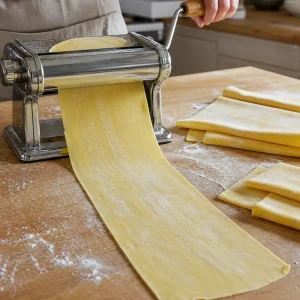 Dünnes Pastablatt läuft durch eine Pastamaschine
