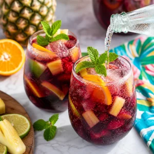 Club soda splashed into fruity red wine sangria glasses with mint garnish