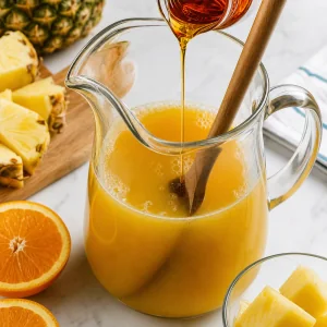 Orange juice, pineapple juice, and agave nectar stirred together in a glass pitcher