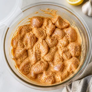 Chicken pieces coated in tawook marinade in a bowl.