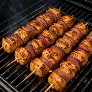 Chicken tawook skewers grilling with light char.