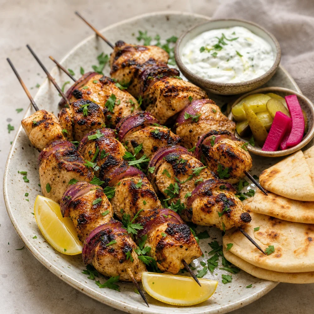 Grilled chicken tawook skewers with pita, lemon, garlic sauce, and pickles.