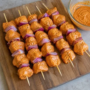 Marinated chicken and red onion threaded onto skewers.