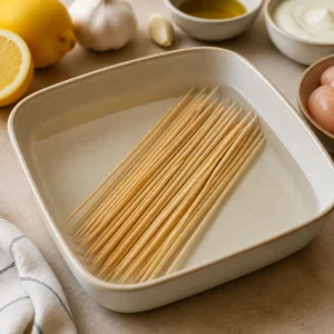Wooden skewers soaking in water before grilling.