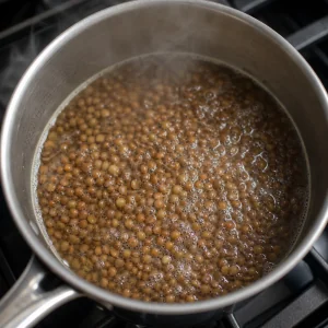 Brown lentils simmering in water in a saucepan