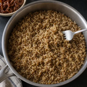 Cooked lentils and rice being fluffed with a fork in the pot