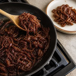 Deeply caramelized onions being transferred from a skillet to a plate