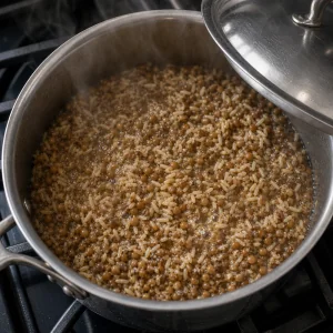 Lentils and rice simmering gently before the pot is covered