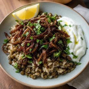 Mujadara with caramelized onions, yogurt, parsley, and lemon