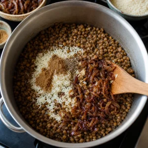 Rice, spices, and caramelized onions added to cooked lentils