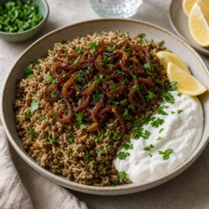 Served mujadara topped with caramelized onions, parsley, yogurt, and lemon