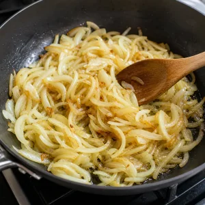 Sliced onions softening in olive oil in a skillet