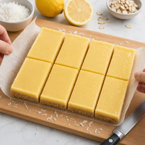 Schlodzony blat cytrynowo-migdalowo-kokosowy pokrojony w batony