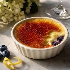 Crème brûlée z cytryną i borówkami z przełamaną karmelową skorupką