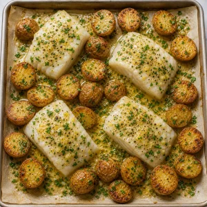 Baked cod and potatoes topped with pan juices and chopped parsley