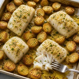 Baked cod flaking easily among golden baby potatoes