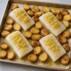 Cod fillets nestled among roasted potatoes with lemon butter on top