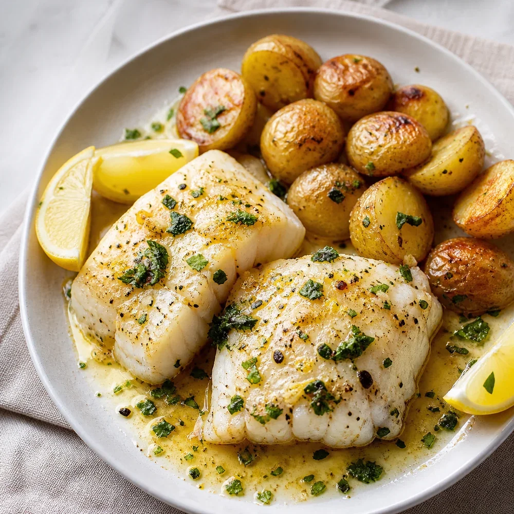 Finished lemon butter cod with baby potatoes and lemon wedges