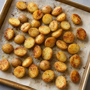 Golden roasted baby potatoes on the baking sheet