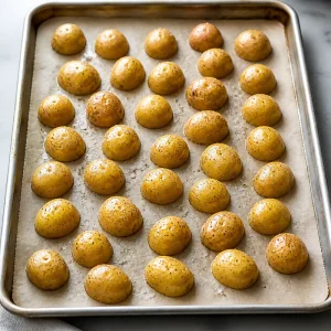 Seasoned halved baby potatoes spread cut side down on a baking sheet
