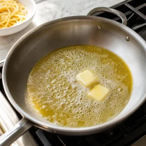 Butter and olive oil melting in a skillet