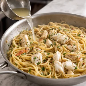 Finished crab linguine seasoned before serving