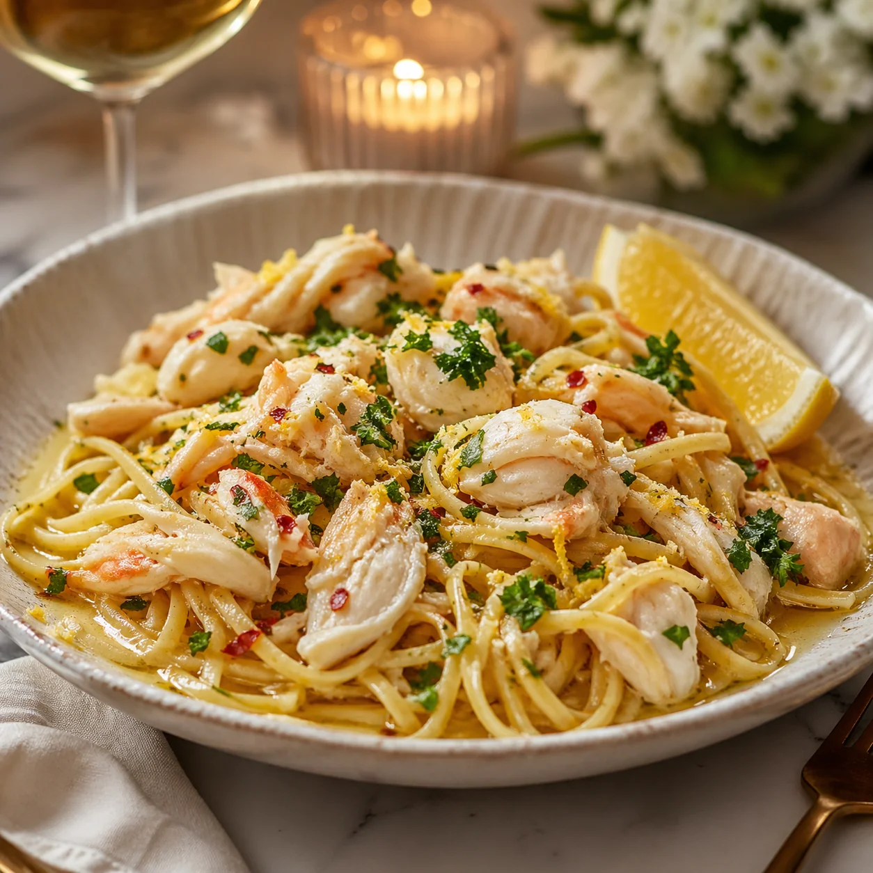 Linguine com Caranguejo, Alho e Manteiga de Limão
