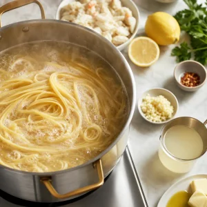 Linguine boiling in a pot of salted water