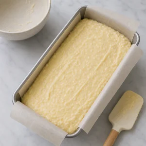 Coconut batter smoothed in a lined loaf pan
