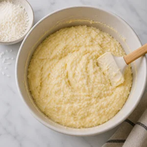 Coconut folded into thick lemon cake batter