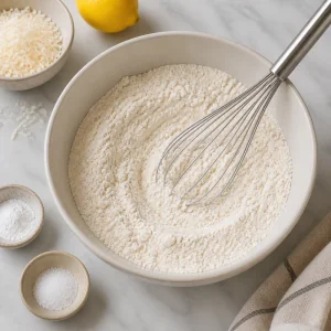 Dry ingredients whisked in a mixing bowl