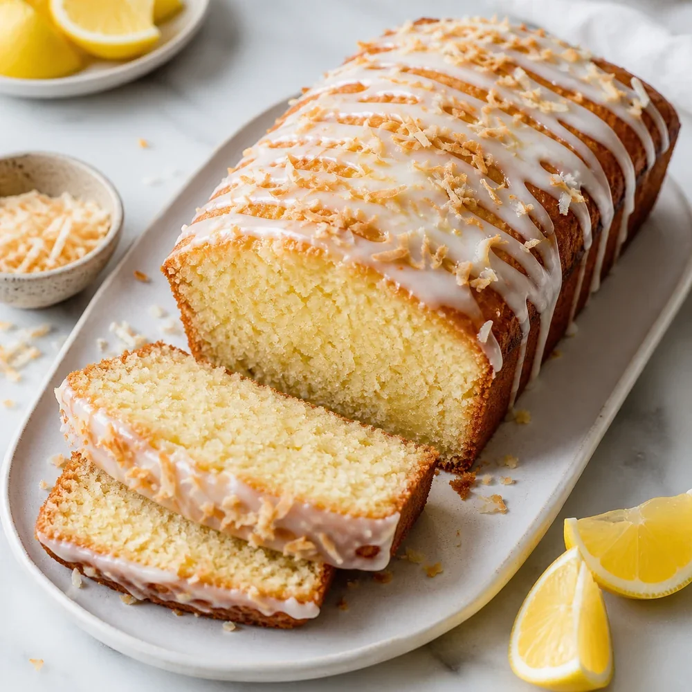 Glazed lemon coconut loaf cake sliced on a platter