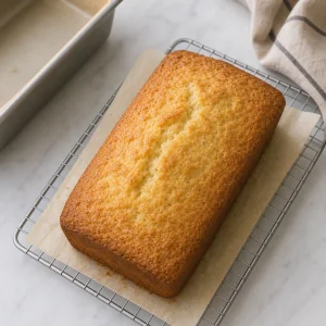 Golden loaf cake cooling on a wire rack