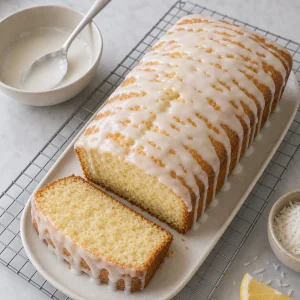 Lemon glaze on a cooled sliced loaf cake