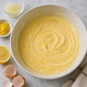 Lemon zest and eggs mixed into cake batter