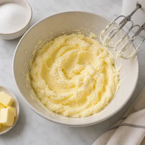 Pale fluffy butter and sugar mixture in a bowl