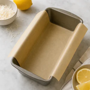 Parchment-lined loaf pan ready for batter