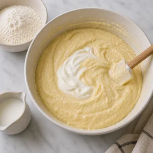 Sour cream being stirred into lemon cake batter