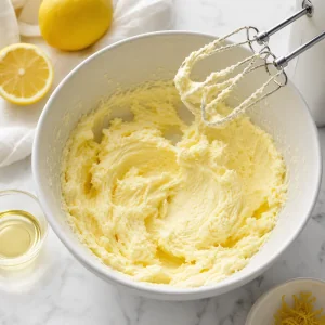 Butter and sugar beaten into a fluffy lemon cake mixture