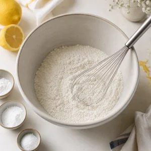 Dry cake ingredients whisked together in a bowl